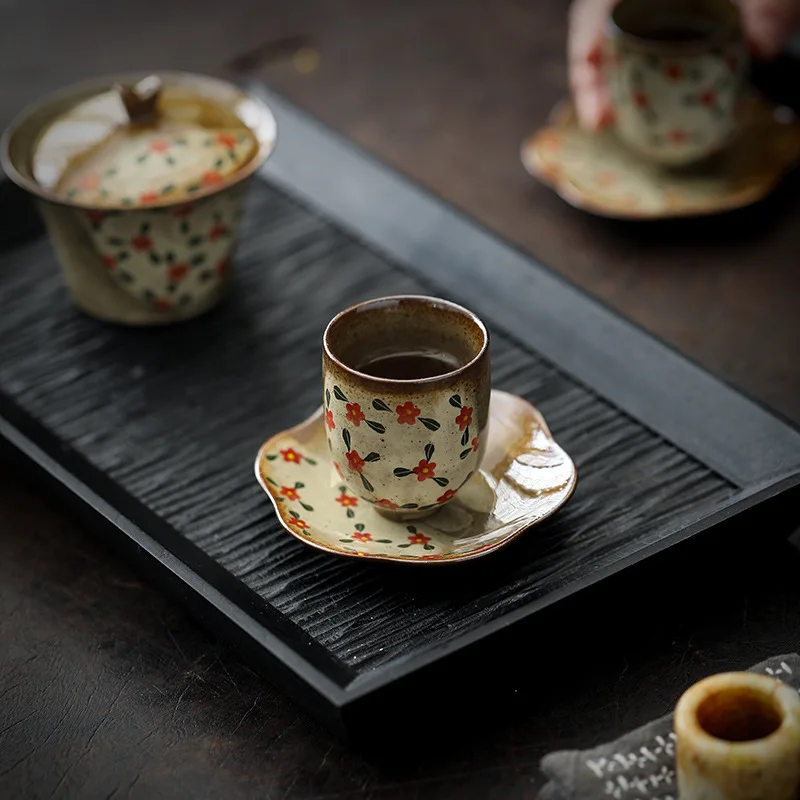 

Hand Painted Floral Ceramic Tea Cup Set with Coaster Chinese Style Retro Tea Drinking Cup for Home Use