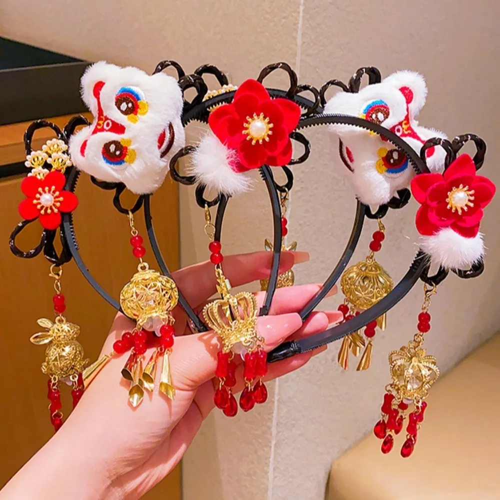 Glowing Hanfu Wig Headband Flower Tassel Chinese Style Luminous Lantern Headband Ancient Plush Lion New Year Headdress