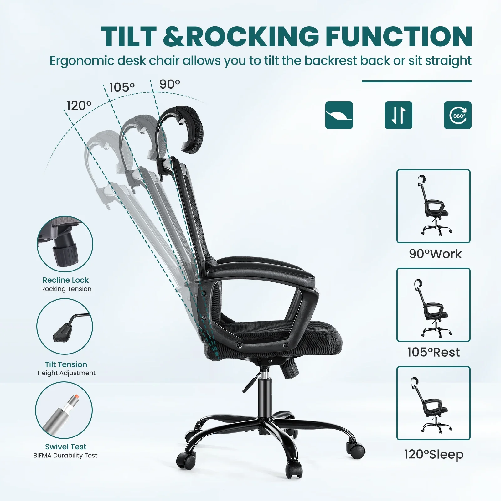 Ergonomic Office Desk Chairs Adjustable Height Headrest Computer Gaming Chair Black Lumbar Support Comfy Seat Armchair