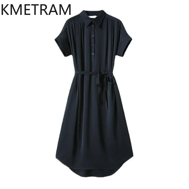 KMETRAM High-End-Hemdkleid aus Maulbeerseide im französischen Stil für Damen 2024, Sommer, mittellange Kleider, Schnür-Damenbekleidung, Neu