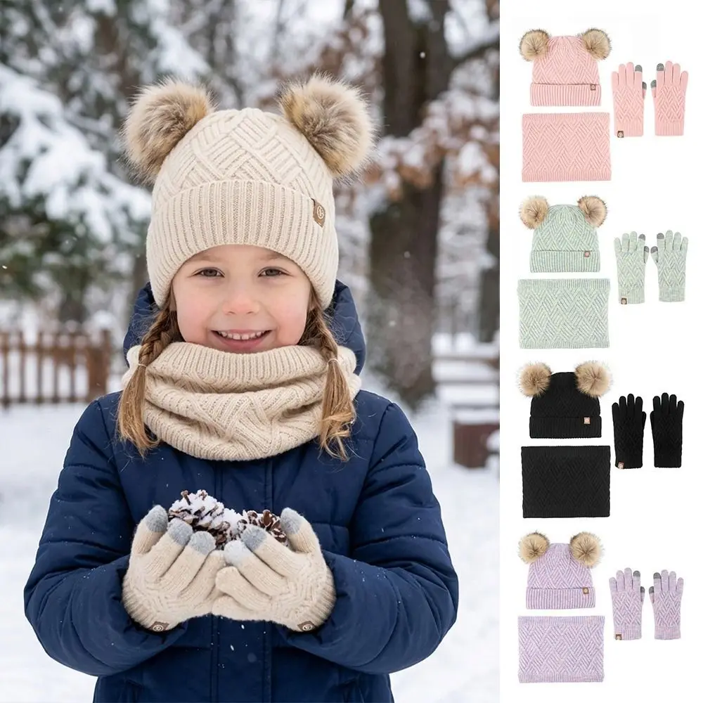 3Pcs/Set Fashion Winter Children Scarf Hat Gloves Set Warm Knitted Hats Scarfs Windproof Pompom Bonnet Gloves Kits