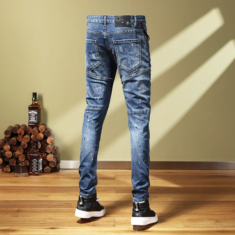 High Street Fashion Men Jeans Retro Blue Elastic Stretch Slim Fit Painted Ripped Jeans Men Spliced Designer Hip Hop Pants Hombre