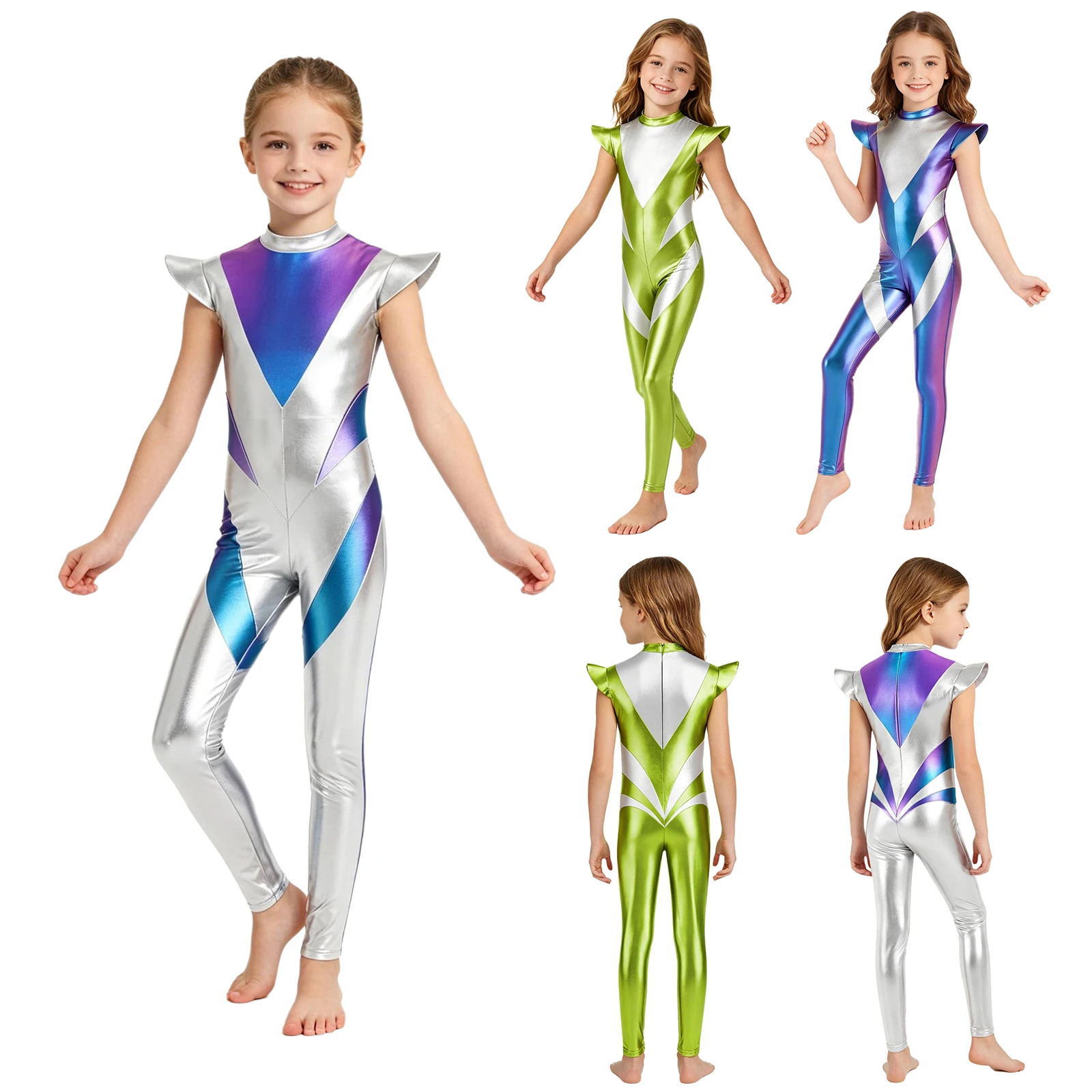 Metallic Space Alien Jumpsuit for Kids Unisex Fly Sleeve Back Invisible Zipper Color Block Bodysuit for Halloween Party Costume