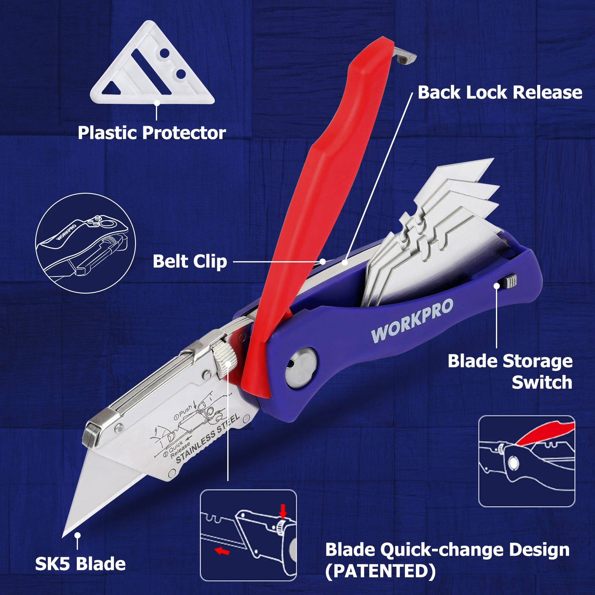 WORKPRO Utility Knife With 10 Blades Heavy Duty Stainless Steel Outdoor pocket Folding Knife