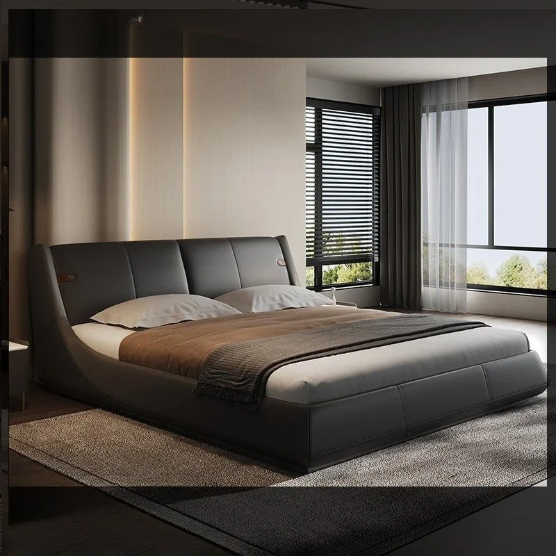 Modern simplicity  leather bed  master bedroom high end atmosphere  first  layer cowhide bed