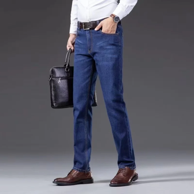 

Новые мужские легкие роскошные эластичные облегающие брюки, удобные мягкие деловые модные прямые повседневные джинсовые брюки, мужская брендовая одежда