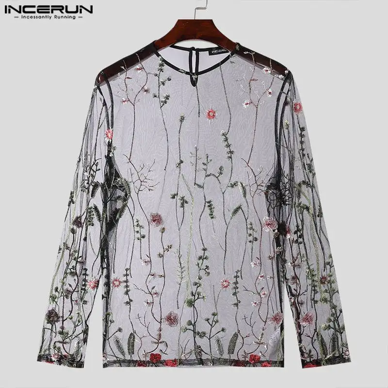 2024 Men T Shirt Mesh See Through Embroidery O-neck Long Sleeve Men Clothing Streetwear Sexy Fashion Party Camisetas INCERUN