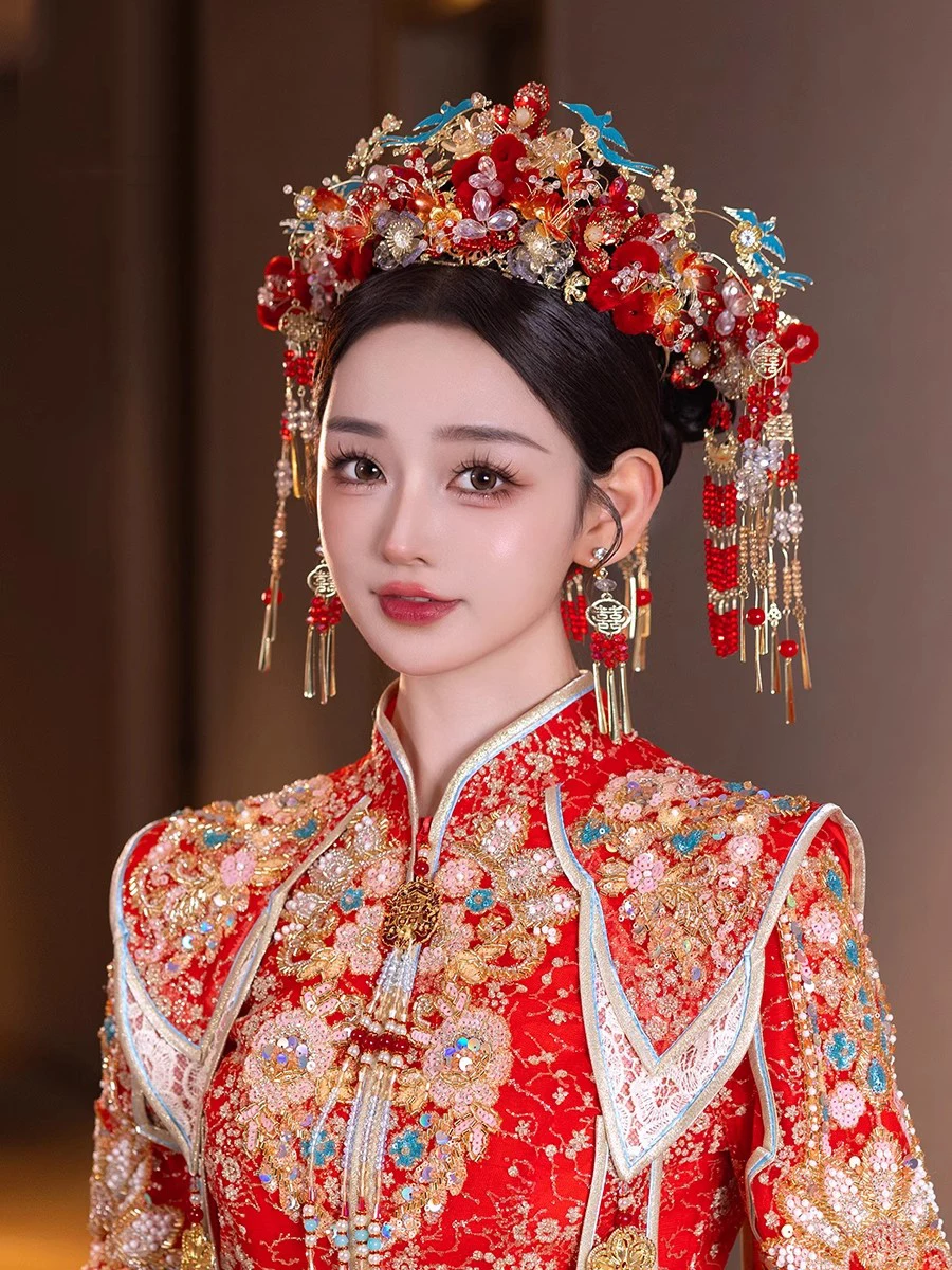 

Chinese Style Wedding Crystal Flower Velvet Phoenix Crown Ancient Costume Headwear Retro Bride Hanfu Xiuhe Hair Accessories