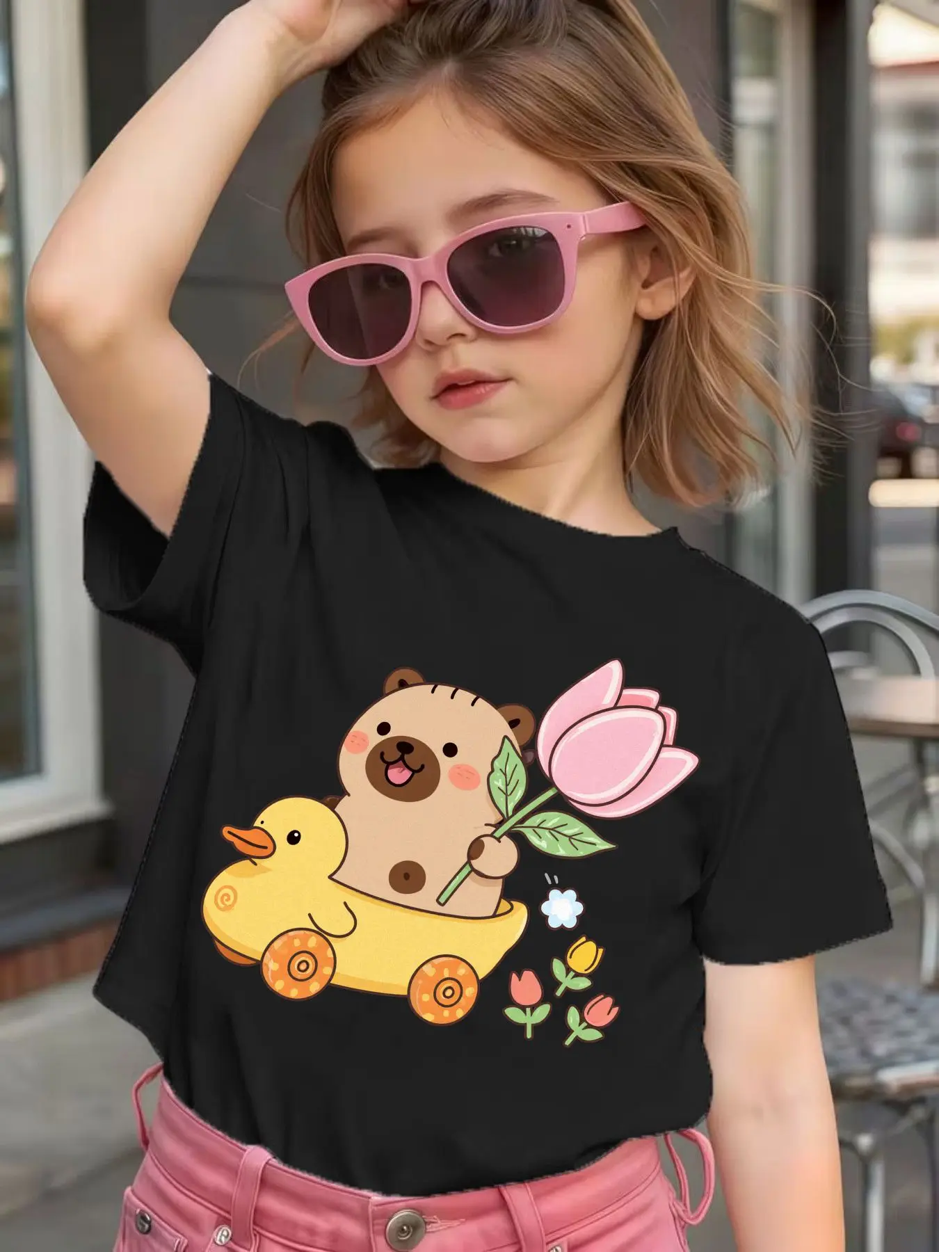 Cute Capybara Duck Flower Cartoon Graphic Kids Tee Boys Girls Family Matching Cotton Crew Neck Short Sleeve Soft Summer Tee