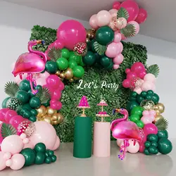 Tropical Flamingo Balloon Arch Garland Kit Hot Pink Dark Green Gold   Hawaii Luau Aloha Summer Beach Birthday Party Decoration