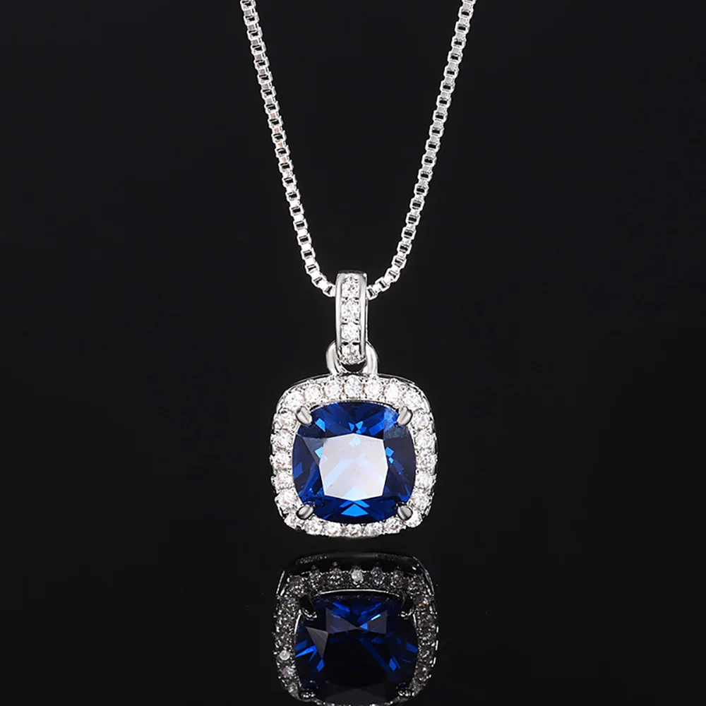 Vintage Square 8*8mm Sapphire Gemstone Necklace Pendant Ring Earrings Party Fine Jewelry Set for Women Accessories Birtyday Gift