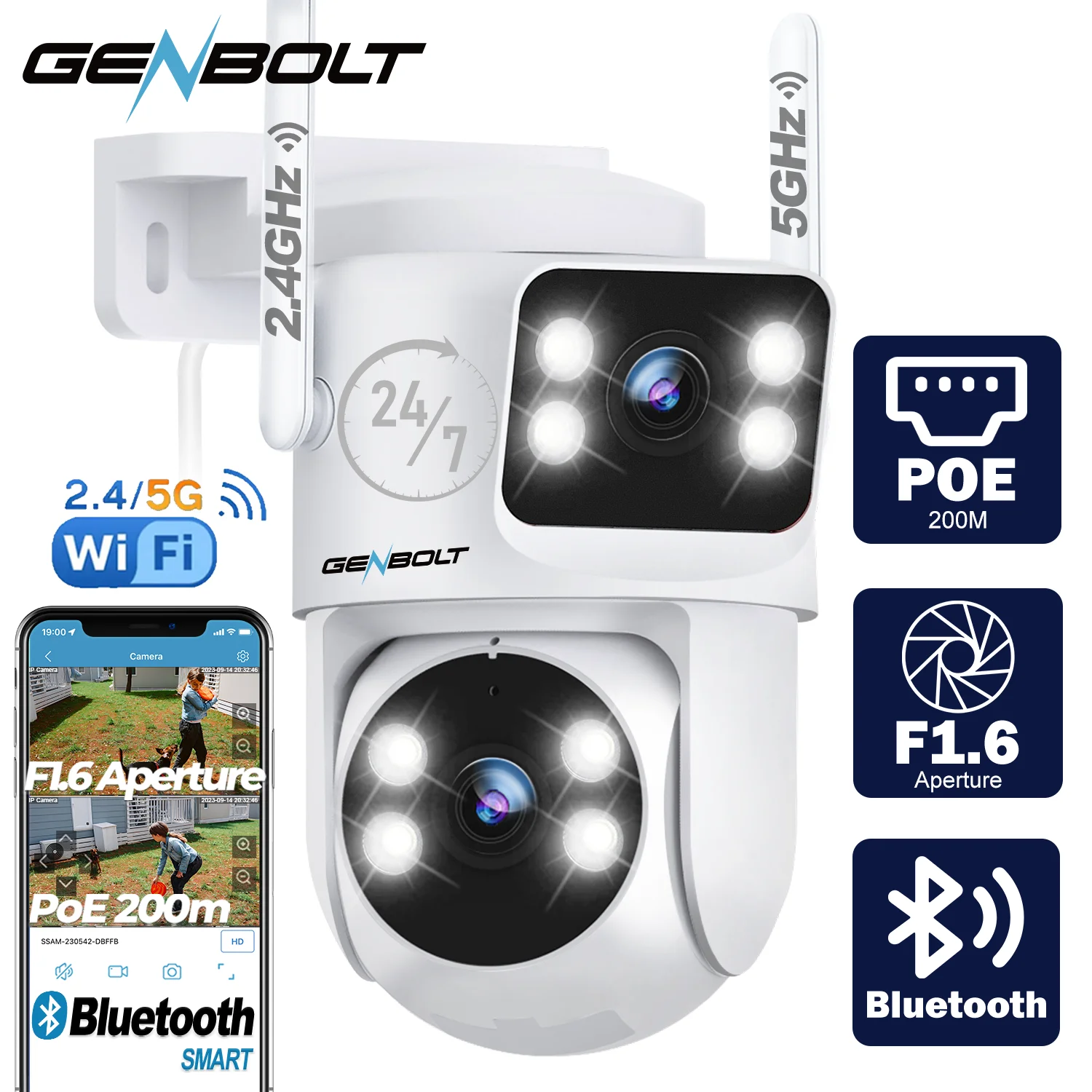 

GENBOLT WiFi Security Camera Outdoor Dual Lens, 2.4/5GHz PoE Camera with Dual View, CCTV IP Camera 7/24 Recording Cloud Storage Upgraded with Color Night, Auto Tracking Humanoid Detection [DC&PoE]