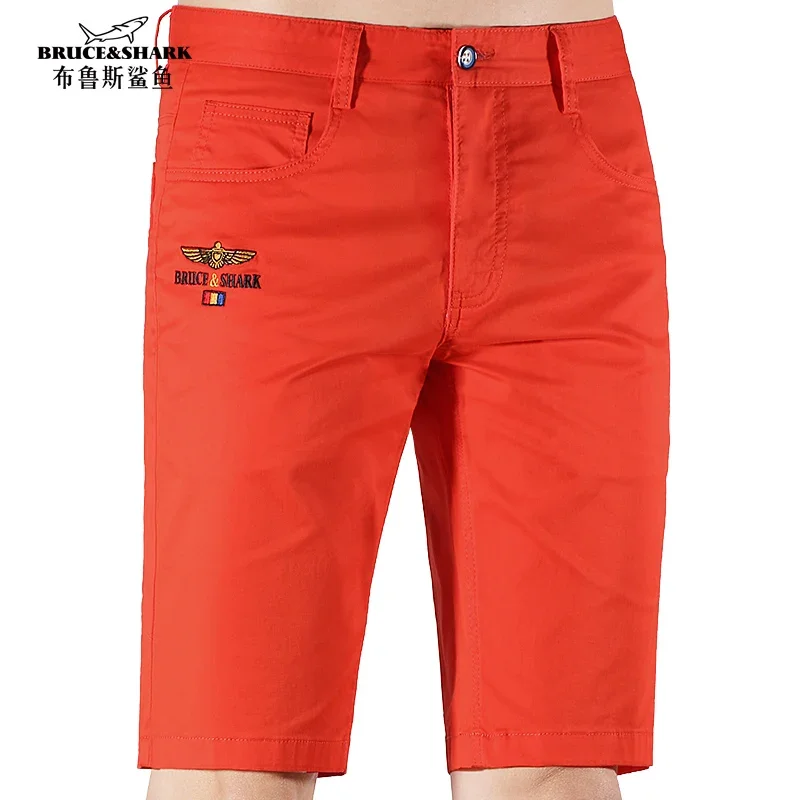 New Summer Men\'s Shorts Half Bruce&Shark Thin Zip Straight Cotton Casual Fashion Loose Stretch Men Trouser Knee Length  Orange