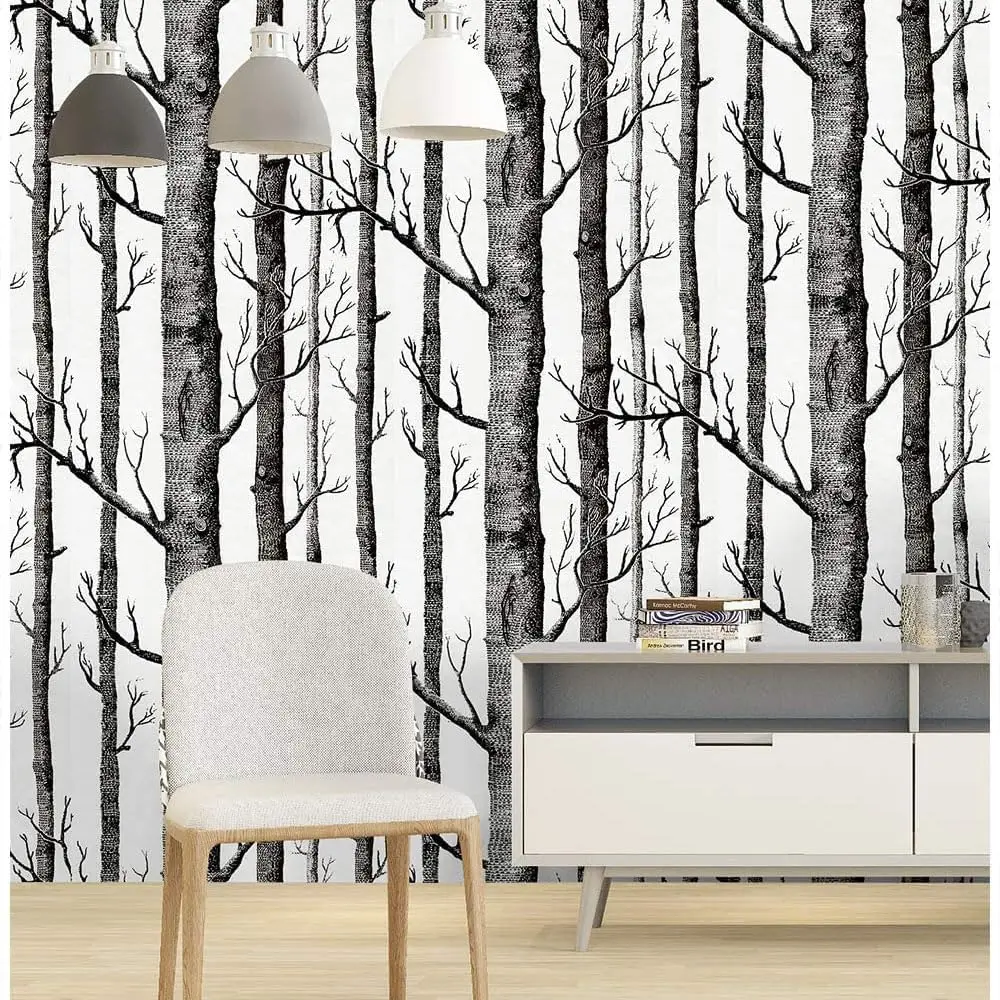 Birch Tree Peel and Stick Wallpaper Black White Self Adhesive Wallpaper Removable Contact Paper for Bedroom Living Room Decor