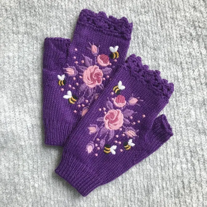 Niedliche Vintage-Handschuhe mit Stickerei, gestrickt, Bienenmuster, halbe Finger, fingerlose Handschuhe, koreanischer Stil, warme Winter-Wollhandschuhe, für den Außenbereich – Detail 18