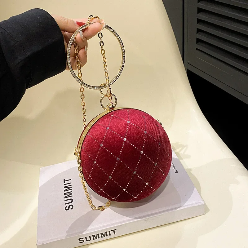 Vintage Velvet Round Ball Evening Bags For Women Fashion Chain Shoulder Bags Retro Green Black Dinner Party Clutch Ladies Purses