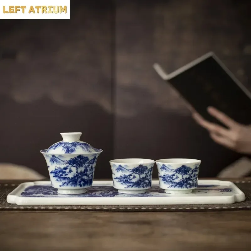 Blue and White Landscape Retro TeaSet Household Tea Bowl Ceramic Hover Cover Bowl TeaCup Dry Brewing Plate Cover Set TeaSet Gift