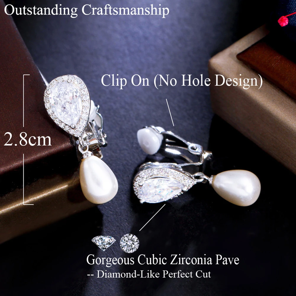 BeaQueen Chic Water Drop Pearl Clip On Earrings Ear Piercing Jewelry No Hole Women White CZ Silver Plated Banque  Jewellery E577