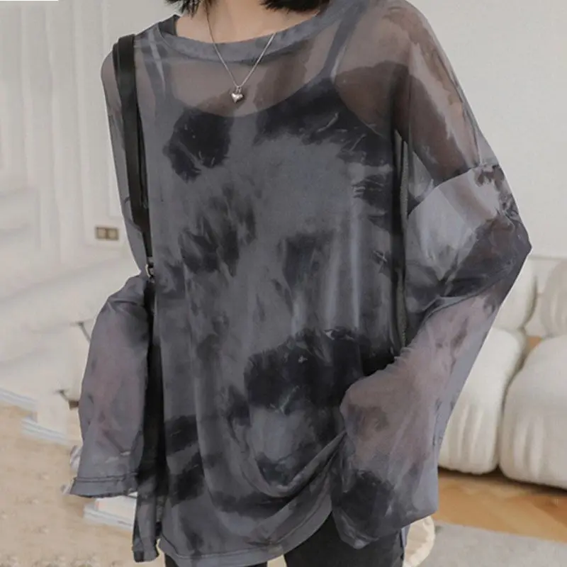 2026 Korean Tie Dye Sheer Mesh Long Sleeve T Shirt Women Loose Fit Trendy Sun Protection Lightweight Layering Top - view 2