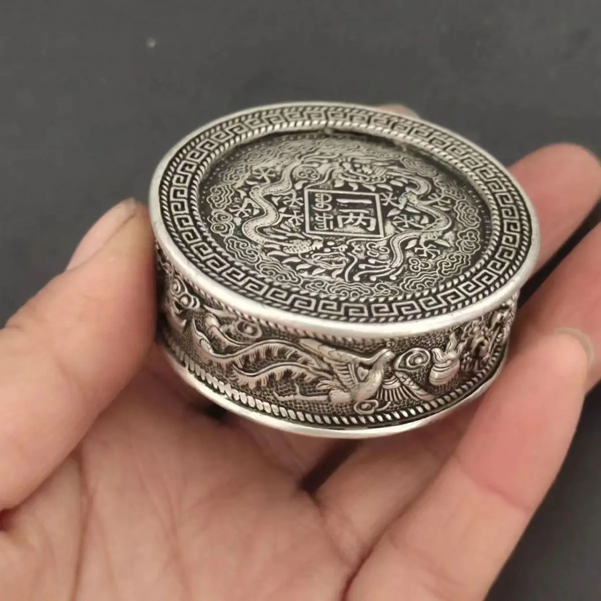 Antique printing mud silver yuan one tael dragon and phoenix chengxiang white copper silver-plated stationery ink cartridge