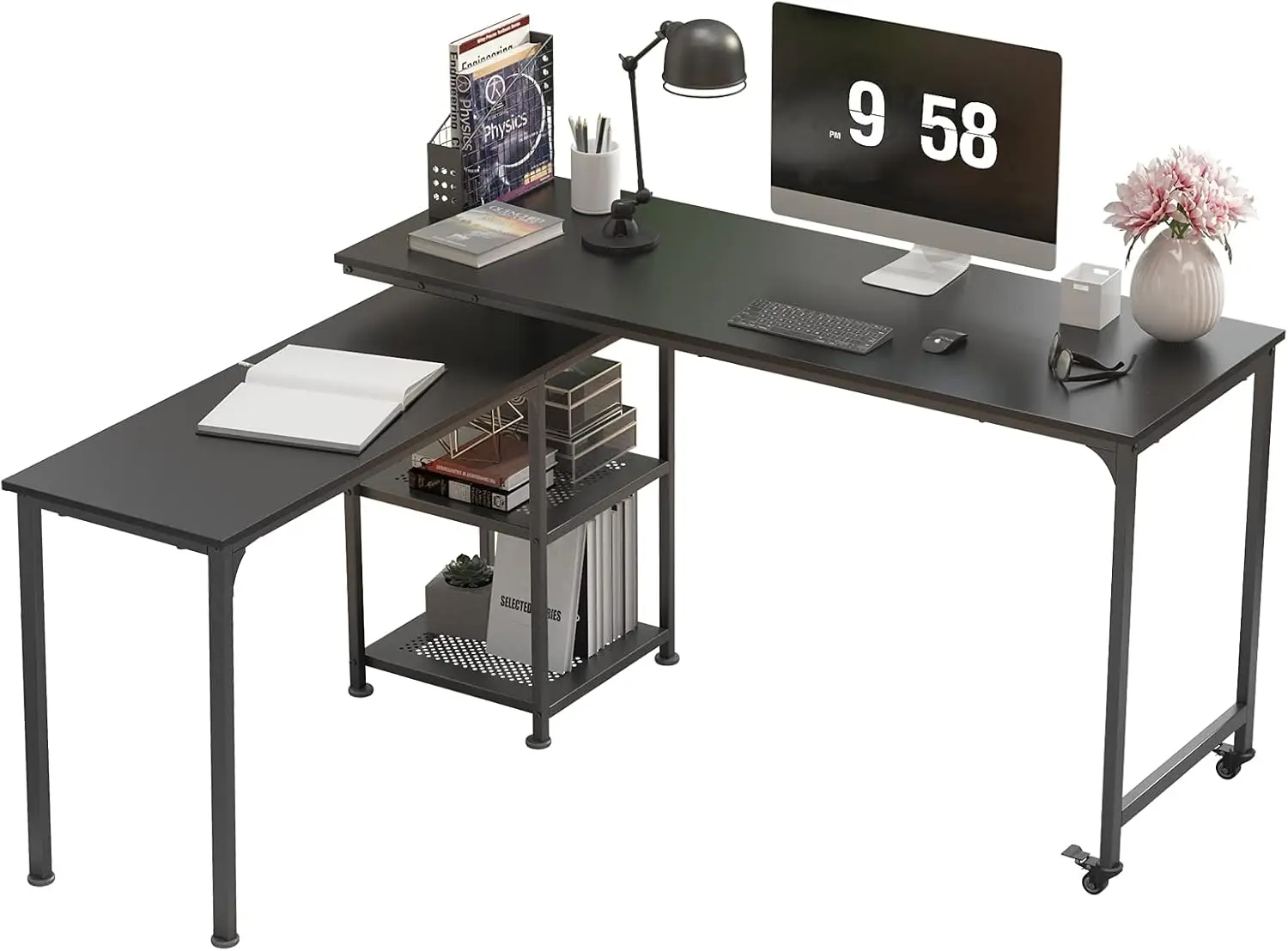 

L Shaped Desk,°Rotatable Computer Corner Desk,Home Office Desk with 2 Tiers Metal Shelves,Mobile Computer Desk,Writing Table Wo