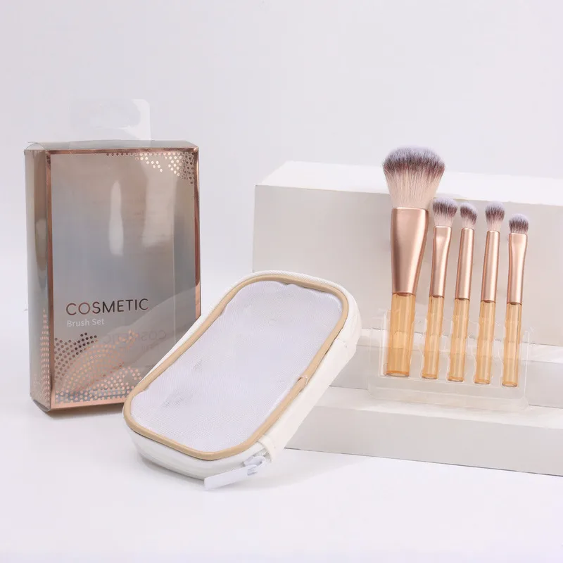 مجموعة جديدة محمولة مكونة من 5 فرش مكياج صغيرة ذات شعيرات ناعمة ذات مقبض قصير من كانغتشو، مقترنة بحقيبة شبكية