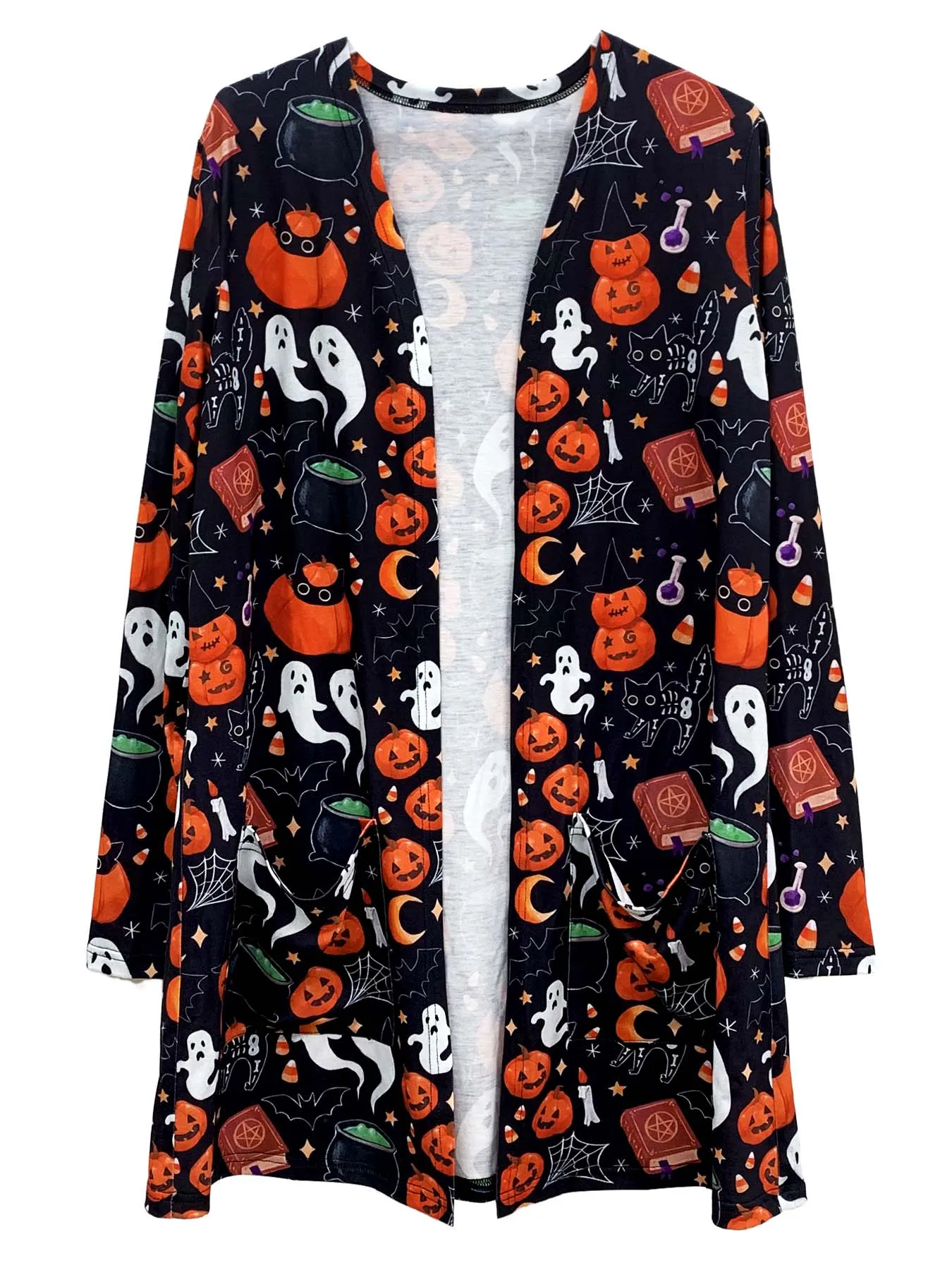 Pumpkin Pattern Open Front Cardigan, Casual Long Sleeve Dual Pockets Halloween Cardigan For Fall, Women\'s Clothing