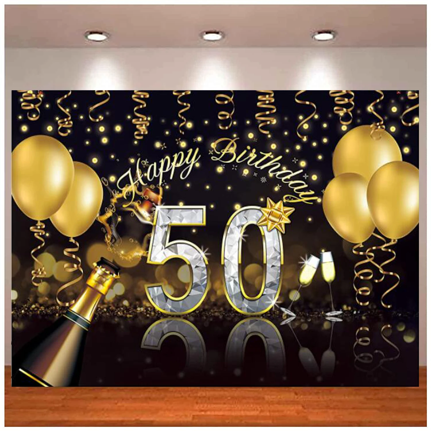 

Happy 50th Birthday Photography Backdrop Black Gold Balloons Champagne Shining Diamond Women Men Background Photo Shoot Decor