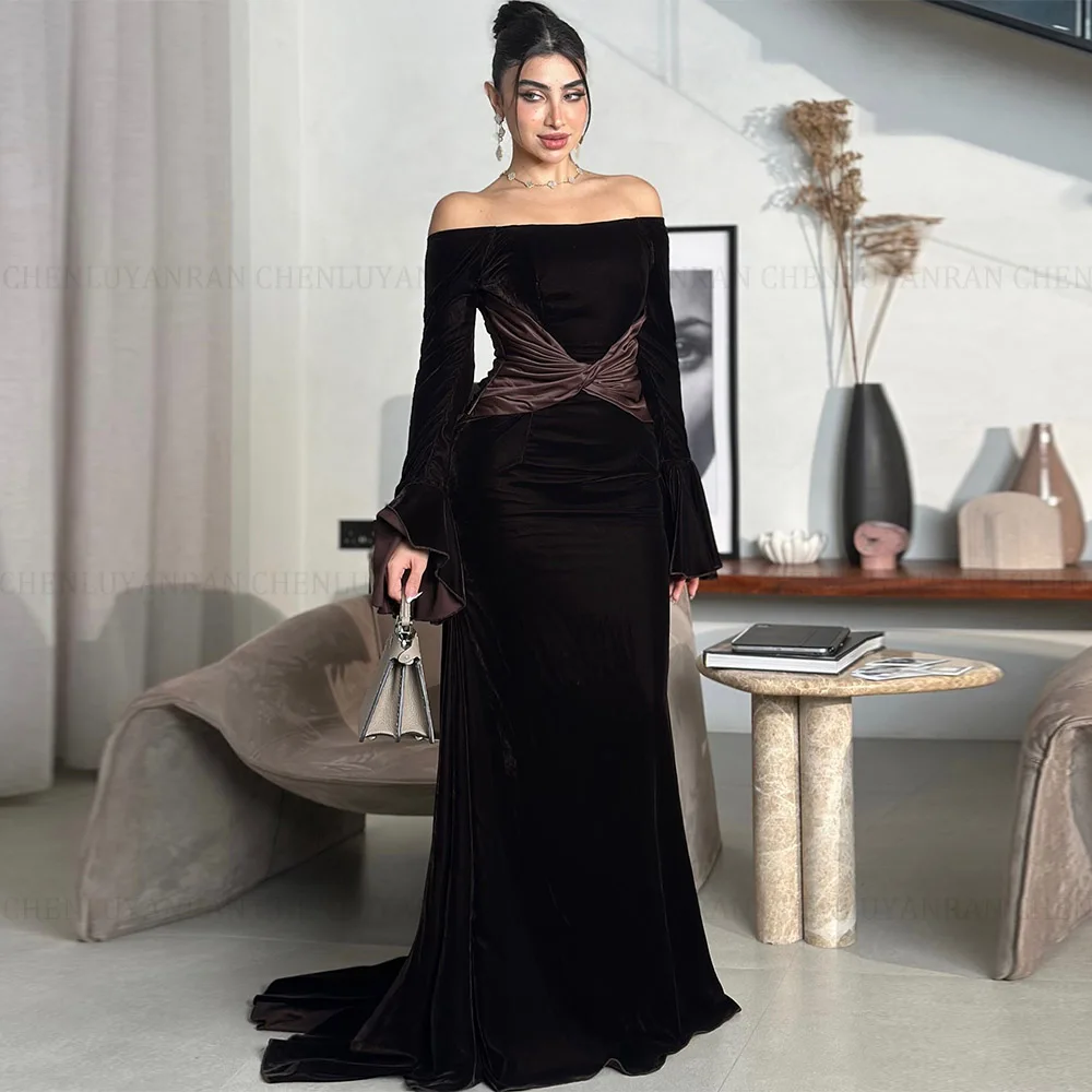 

MOLISA Customized Strapless Off the Shoulder Sheath Party Dress Exquisite Flare Sleeves Criss-Cross Sweep Train Evening Dress