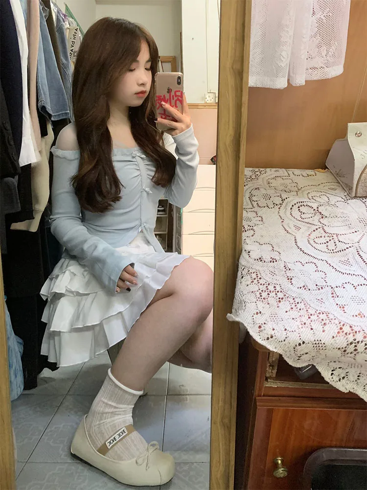 Korean Preppy Style Outfits 2 Piece Skirt Set Women Blue Tops Bow Cozy Sweet + Elastic Waist Ball Gown Coquette 2000s Aesthetic