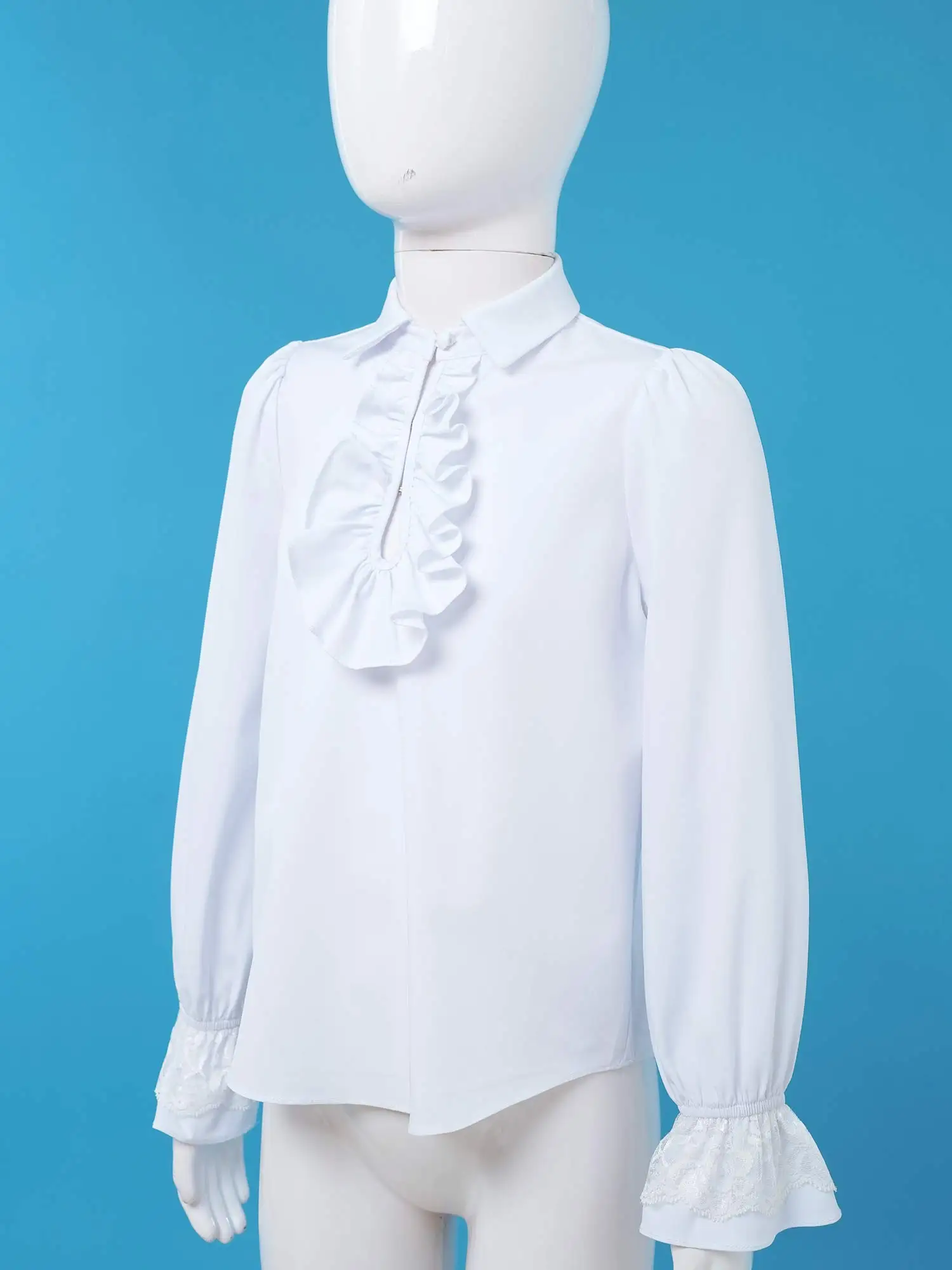 Kids Boys Renaissance Long Sleeve Shirts Turndown Collar Ruffle Lace Cuffs Button Front Solid Color Shirt