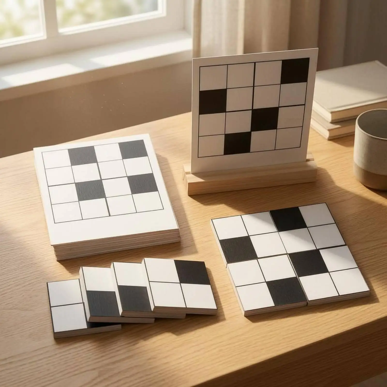 Black and White Puzzle Toy Grid Lines Pattern Block Activity Set Wooden Stand Tabletop Learning Puzzle for Children