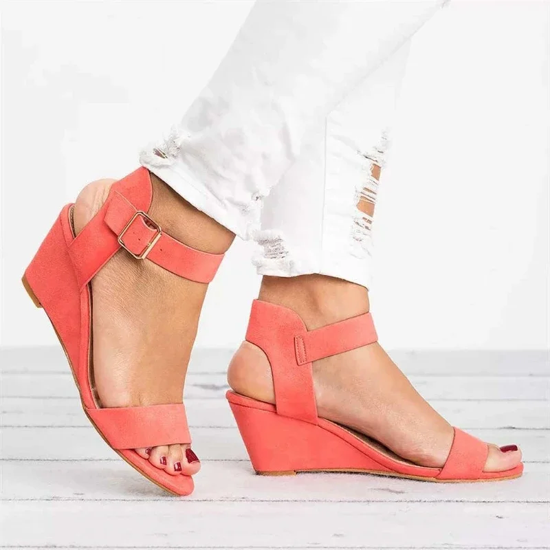 2024 New Summer Women\'s Sandals Fashion Buckle Shoes Open Toe Wedge Casual Shoes Women Plus Size 43 Candy Color Sandals Women