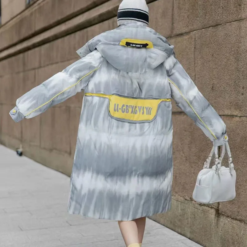 Chaqueta de plumón degradada para mujer, ropa de calle larga con capucha, chaqueta de plumón, abrigo de invierno súper caliente, Parka holgada coreana