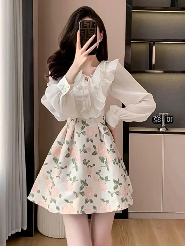 

Female Dress Prom Party Women's Long Sleeve Chiffon Dresses Ruffle Satin Floral Evening Flower Silk Splicing Outfits Aesthetic X