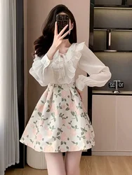 Female Dress Prom Party Women's Long Sleeve Chiffon Dresses Ruffle Satin Floral Evening Flower Silk Splicing Outfits Aesthetic X