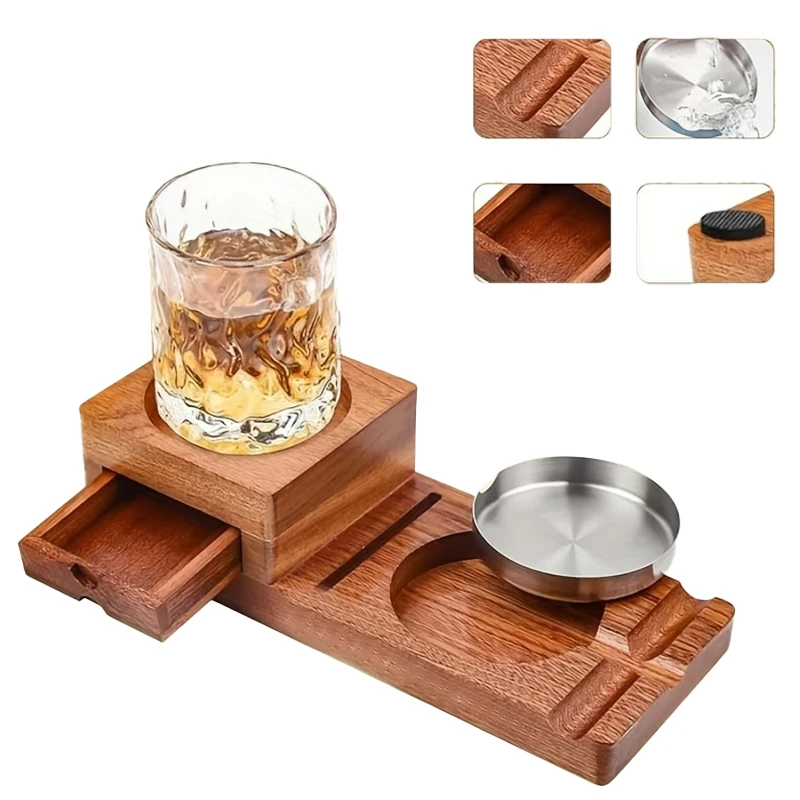 

New Cigar Cigarette Ashtray Wooden Stand with Whiskey Cup Tray Tobacco Cigars Storage Organizer Home Decor Gift Smoking Supplies