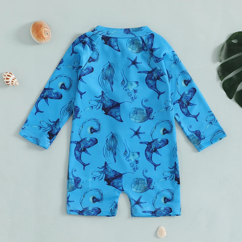 Kids Boys Rash Guard, Long Sleeve Vehicles Shark Print Zipped Swimsuits Swimwear