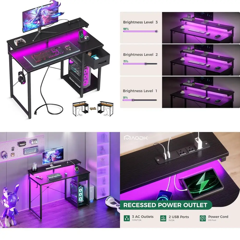 

LED-lit 40 Inch Computer Desk with Drawer, Reversible Desk with Monitor Stand and Power Outlet