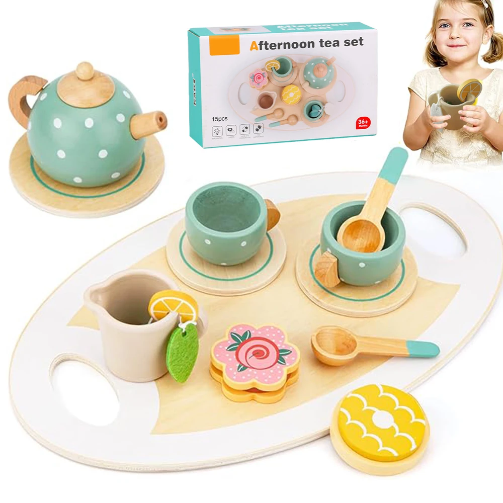 Wooden Tea Set Toys Pretend Play Kitchen Accessories for Kids Food Afternoon Tea Role Play Game for Toddlers Girls Boys Gifts