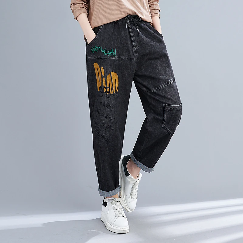 150KG ladies' casual embroidered jeans, fashionable waist loose pockets, plus size, 6XL, 7XL, 8XL,autumn and winter, new style.