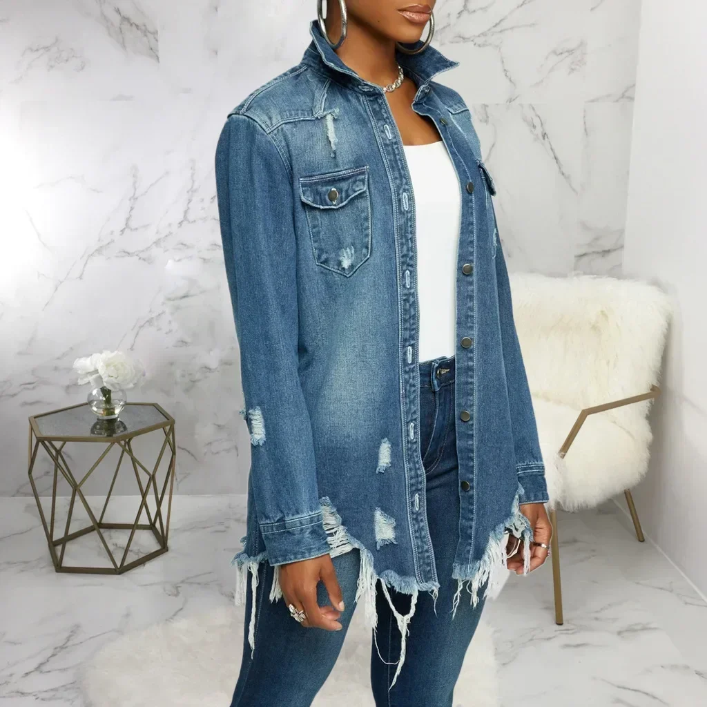 Lady's Denim Jacket Autumn Long Sleeve Loose Sexy Women Jean Coats Summer Washed Ripped Fashion Hole Denim Outwear