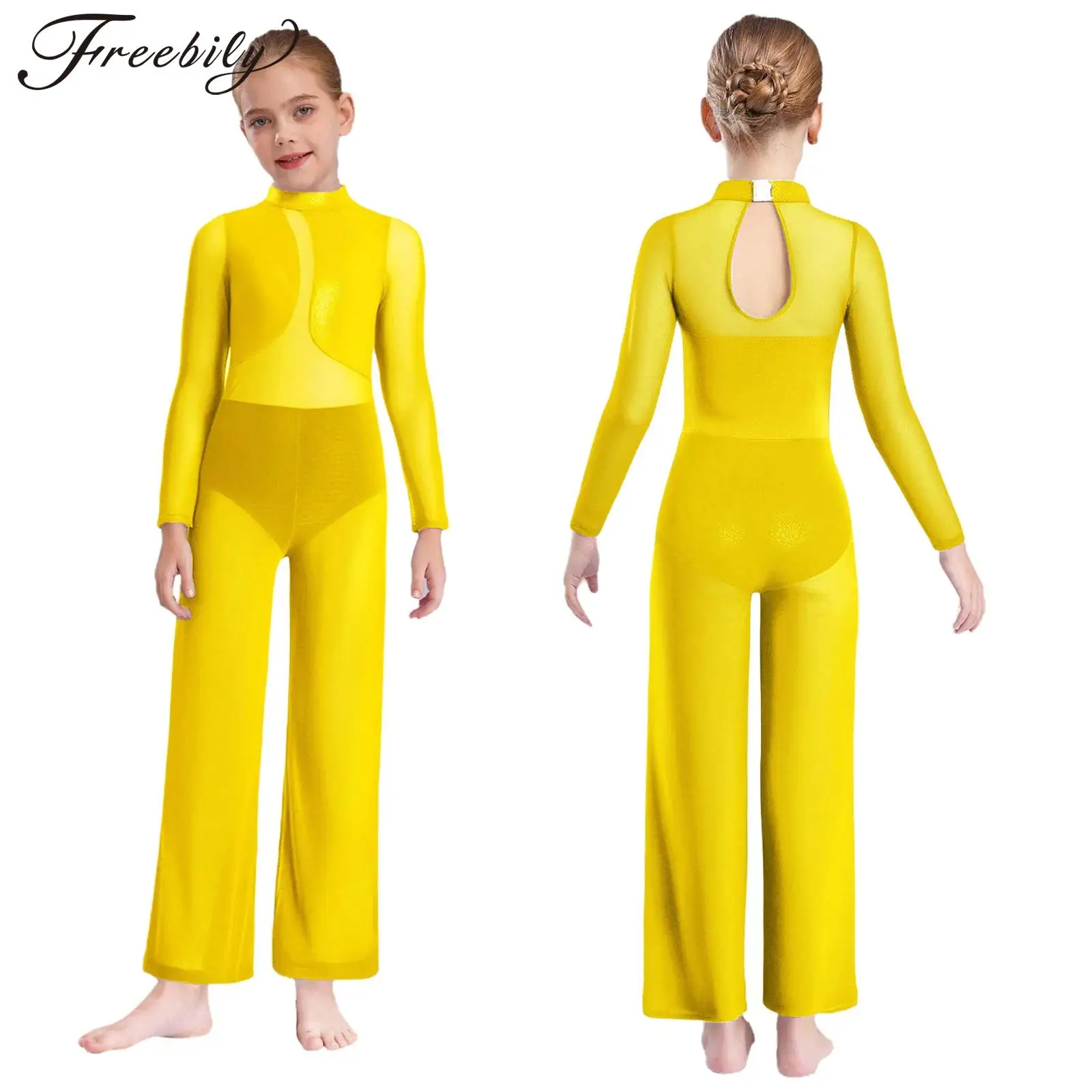 

Детский комбинезон для фигурного катания и художественной гимнастики для девочек, прозрачная сетка с длинными рукавами, металлический купальник для балета и танцев, танцевальная одежда