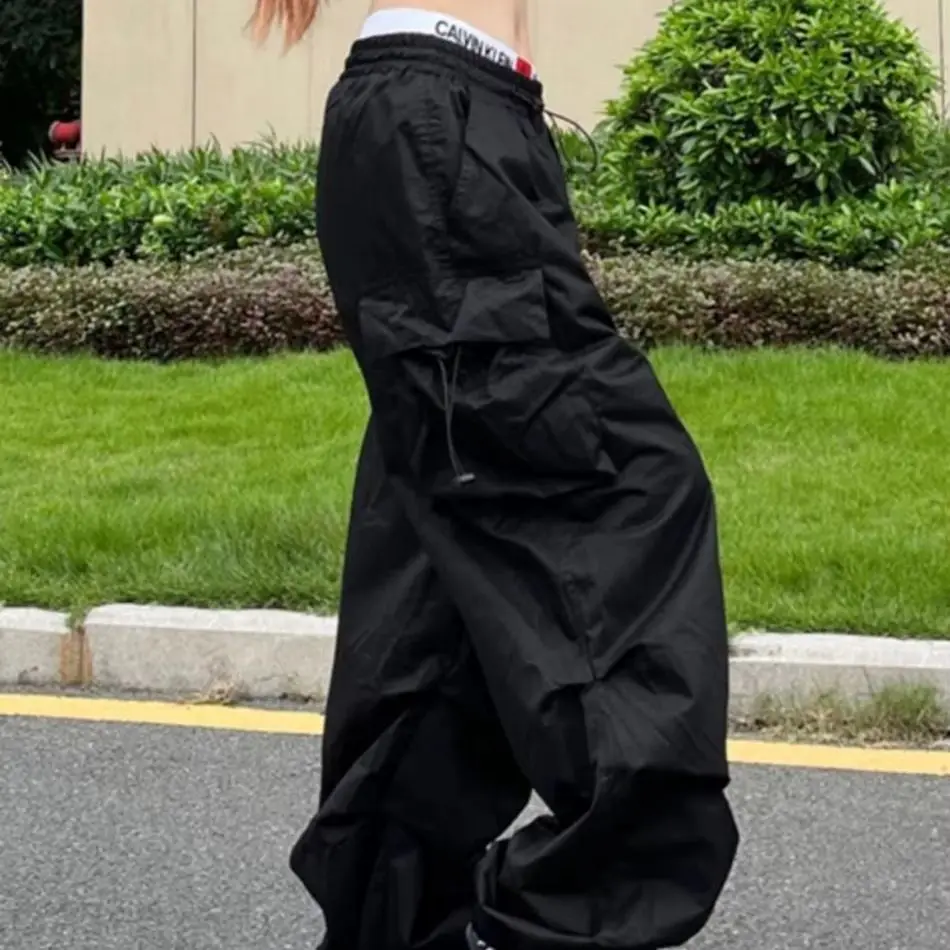 

Женские брюки в стиле ретро с карманами, эластичной талией, высокой посадкой, на шнуровке, повседневные спортивные брюки, женские тонкие свободные широкие брюки Y2K, длинные брюки с широкими штанинами