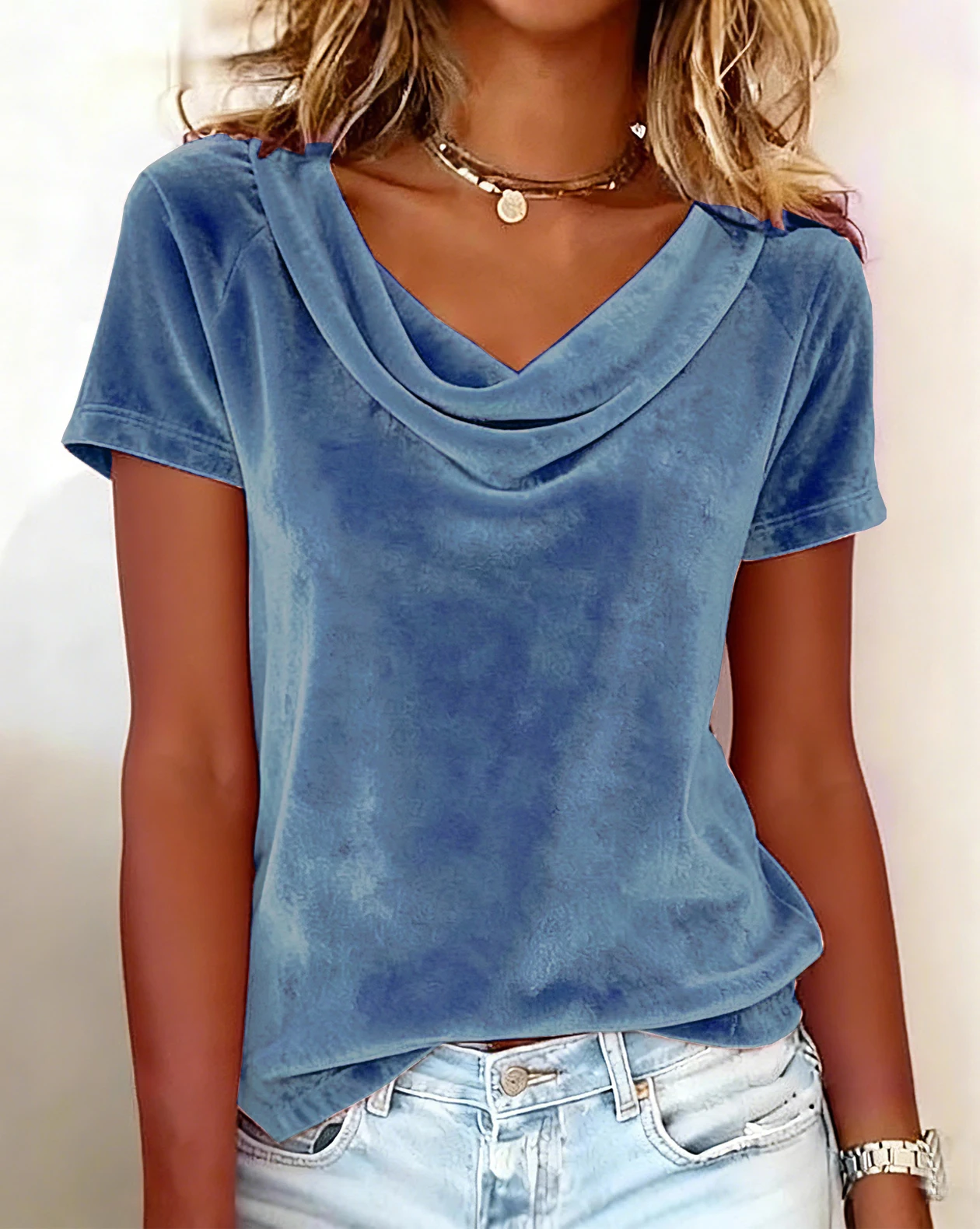 2026 Neues Damen-T-Shirt in Unifarbe mit Drapiertem Ausschnitt, Sexy Samt-Kurzarmshirt – Detail 7