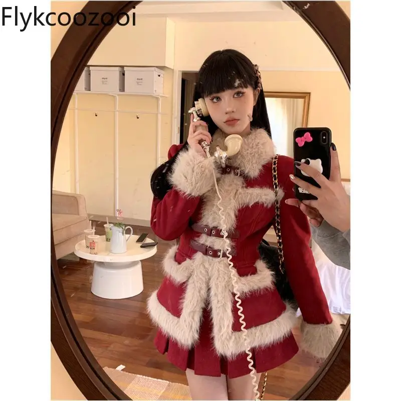 Fashion Design Festival Plush Spliced Cardigan Coat Female Autumn and Winter Temperament High Waist Sexy Pleated Skirt Suit