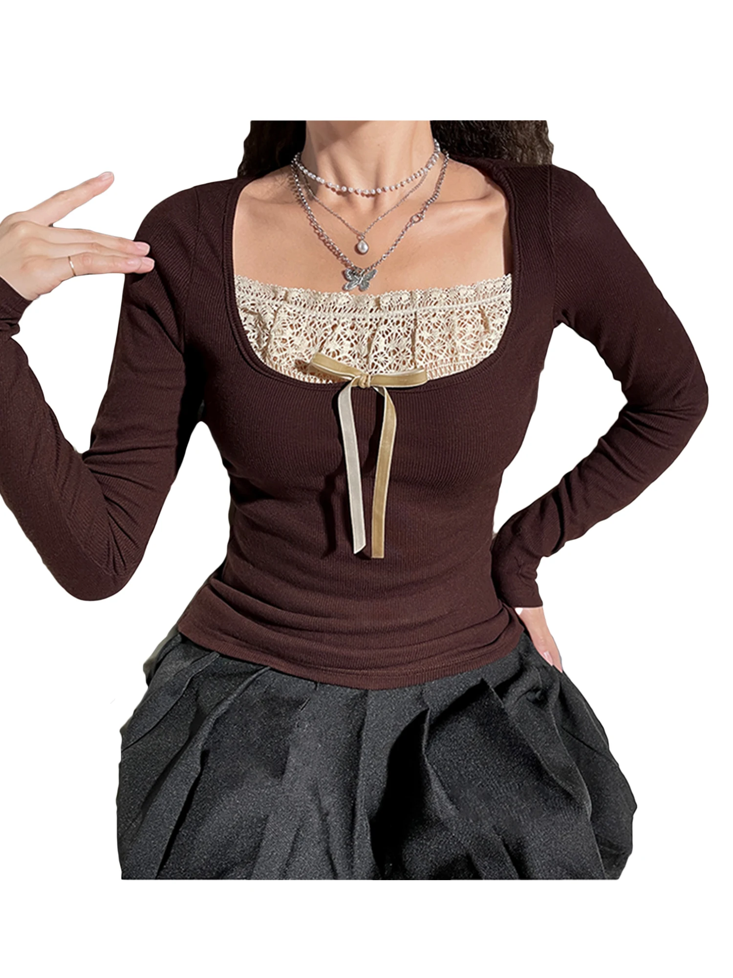 Elegant Long Sleeve Knit Top with Delicate Lace Detailing Chic Bowknot Embellishment -Fit Pullover for Women s Casual Wear image 3