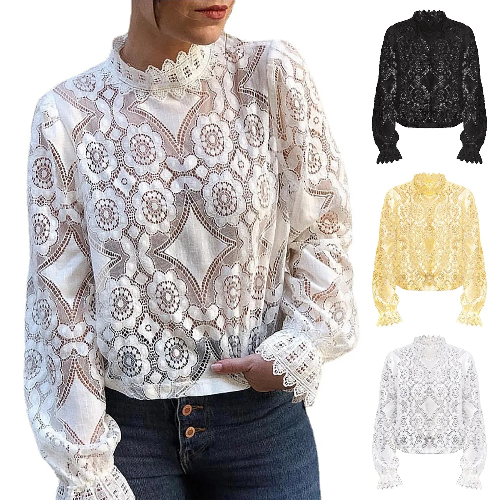 Sexy Lace Print Shirts Women See Through Ruffled Long Sleeved Stand Up Collar Blouses Summer Blusas Mujer Elegantes Y Juveniles