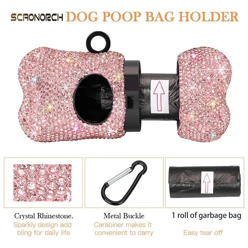 Bling Diamond Dog Poop Bag Holder Portable Pet  Poop Bag Dispenser Cat Clean Accessories With Meteal Buckle Animals Articles