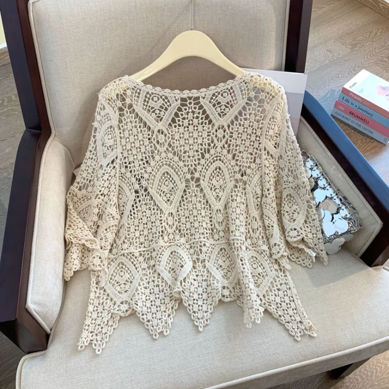 REALEFT Summer Lace Crochet Embroidery Women\'s White Shirts 2024 New Hollow Out Beach Bohemian Flare Sleeve Knitted Tops Female